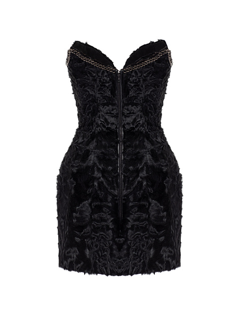 Черное платье-мини из овчины с цепью, 3