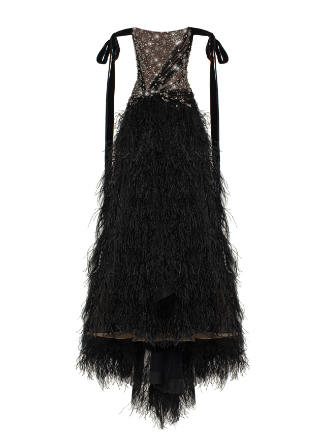 Черное платье-макси из сетки с перьями и стразами, 2