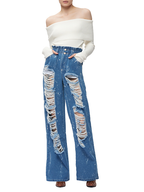 Белый трикотажный джемпер с открытыми плечами, 4