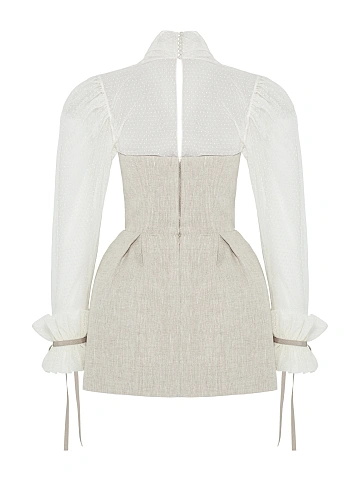 Бежевое платье-мини из льна с цветочной вышивкой и кружевом, 2