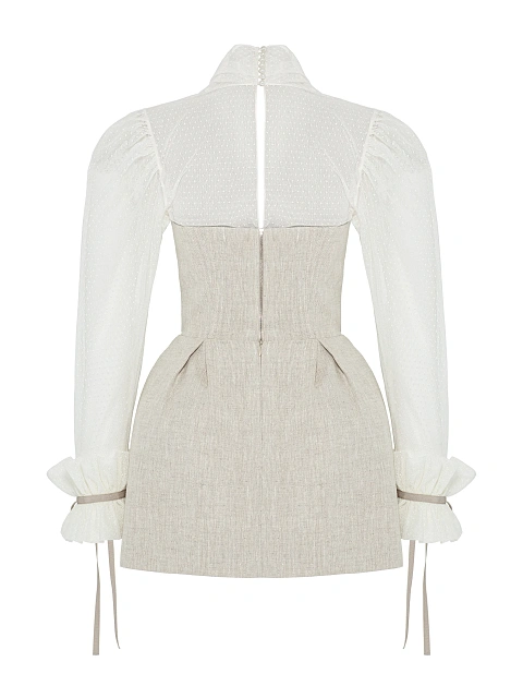 Бежевое платье-мини из льна с цветочной вышивкой и кружевом, 2