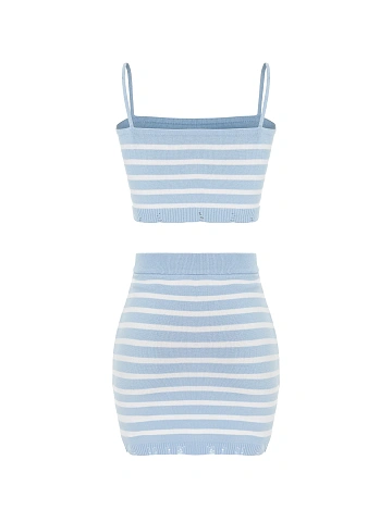 Голубой комплект в белую полоску из топа и юбки-мини, 2