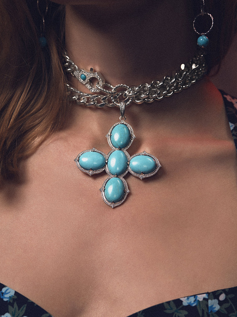 Колье-цепь из серебра с кабошоном из бирюзы и фианитами, 3