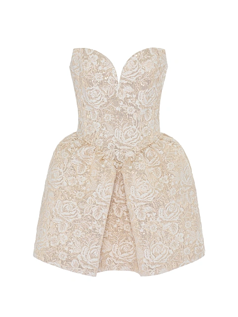 Бежевое платье-мини из парчи с золотистыми розами, 1 Бежевое платье-мини из парчи с золотистыми розами, 1