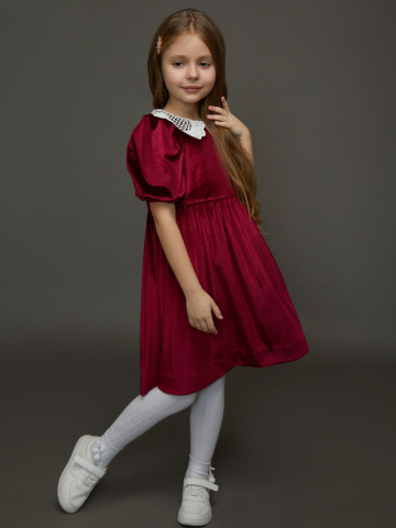 Бордовое детское платье из бархата с кружевным воротником, 2
