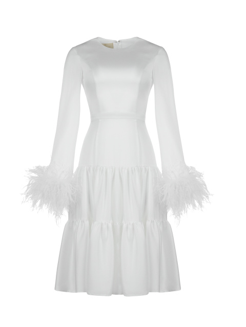 Белое платье-миди из вискозы и шелка с боа, 1