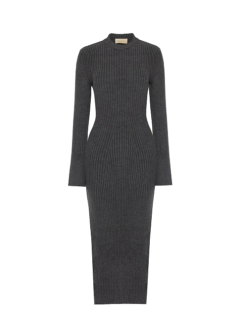 Серое вязаное платье-миди с круглым вырезом, 1