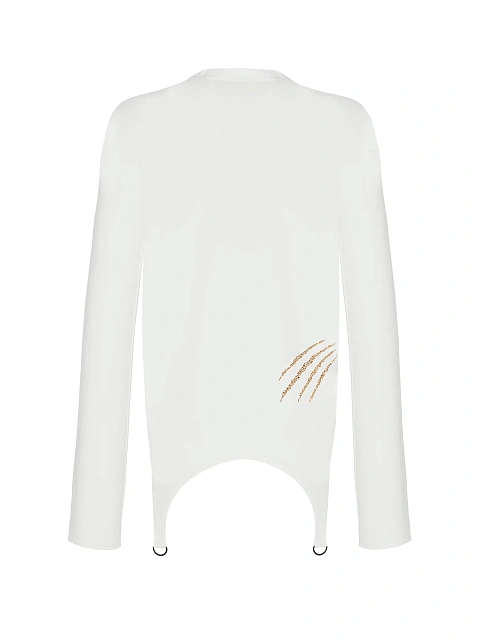 Белый хлопковый лонгслив с фигурным низом и золотистыми стразами, 2