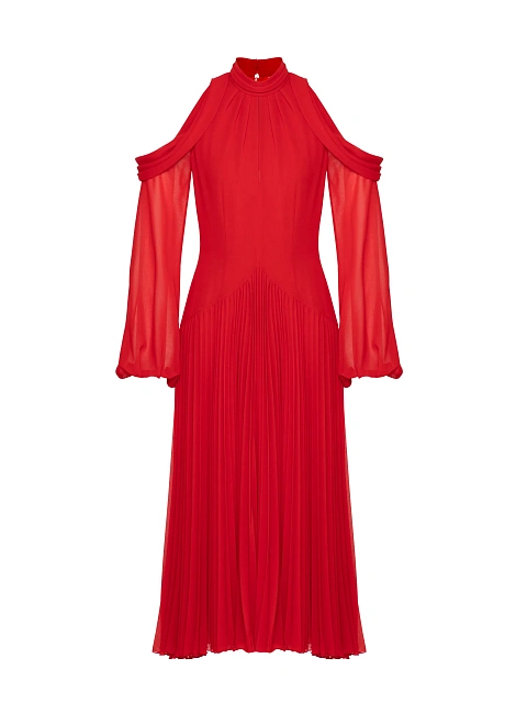 Красное платье-миди из шифона с открытыми плечами, 1 Красное платье-миди из шифона с открытыми плечами, 1