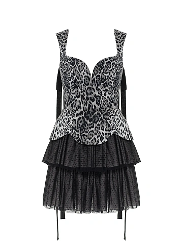 Серое платье-мини из хлопка с леопардовым принтом и сетки, 1