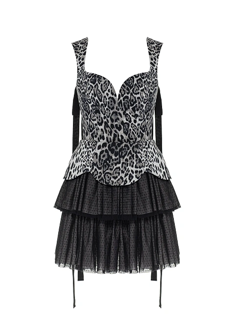 Серое платье-мини из хлопка с леопардовым принтом и сетки, 1 Серое платье-мини из хлопка с леопардовым принтом и сетки, 1