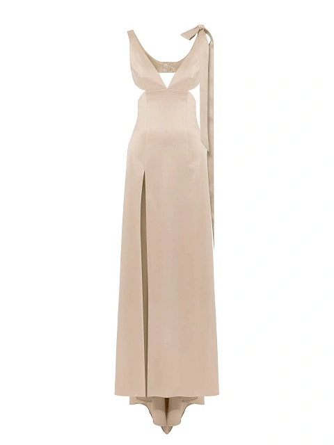 Бежевое платье-макси из атласа с вырезами и шлейфом, 1