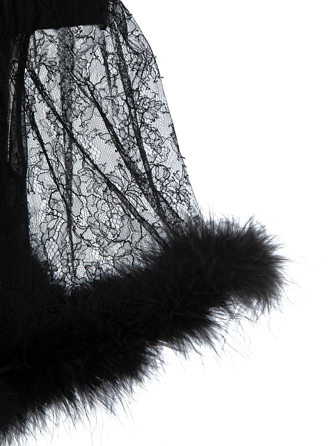 Черное боди из шелка с кружевом и боа, 3