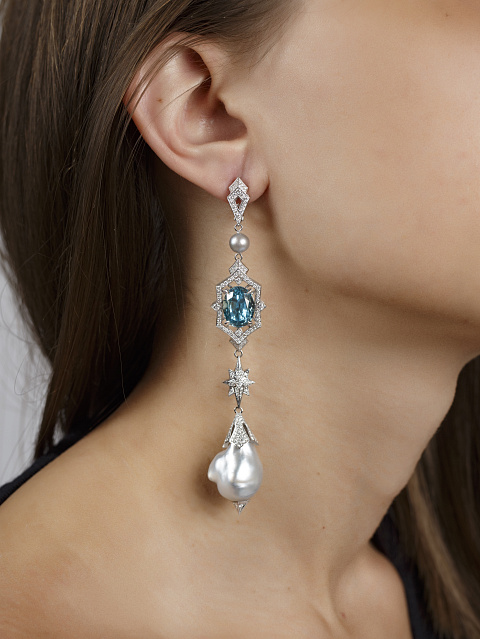 Длинные серьги из белого золота с цирконом, жемчугом и бриллинатами, 2