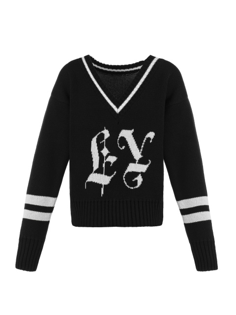 Черный свитер с V-вырезом и готическим логотипом, 1