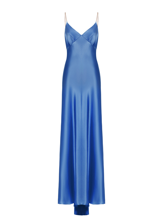 Синее платье-макси из шелка с фианитами, 1