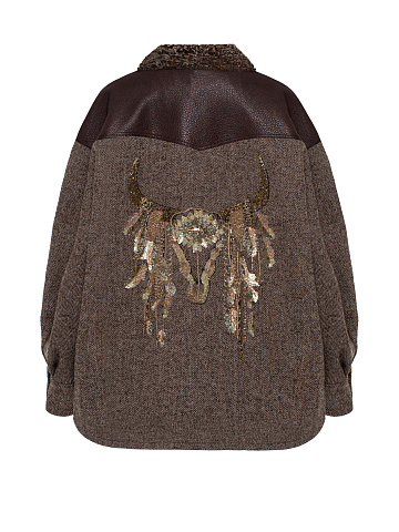 Коричневая куртка из шерсти с подкладом из каракуля и вышивкой, 2