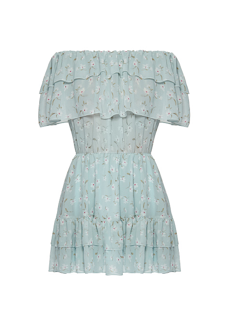 Светло-голубое шифоновое платье-мини с открытыми плечами, 1