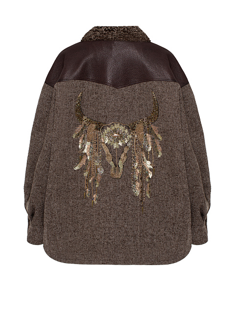 Коричневая куртка из шерсти с подкладом из каракуля и вышивкой, 2