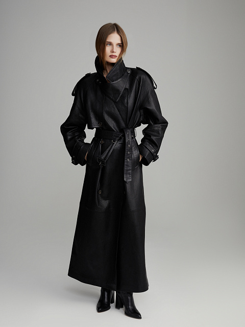 Черный двубортный тренч из фактурной кожи, 16