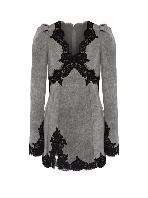 Серое платье-мини из денима с черным кружевом, 1