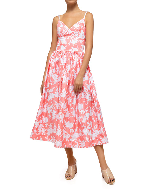 Коралловое хлопковое платье-миди с белым цветочным принтом, 4 Коралловое хлопковое платье-миди с белым цветочным принтом, 4