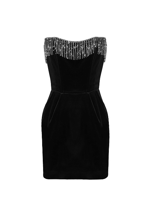 Черное бархатное платье-мини с бахромой из страз, 1
