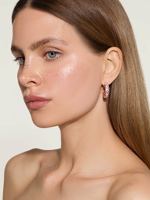 Маленькие хупсы из розового золота с эмалью Sakura Color, 2 Маленькие хупсы из розового золота с эмалью Sakura Color, 2