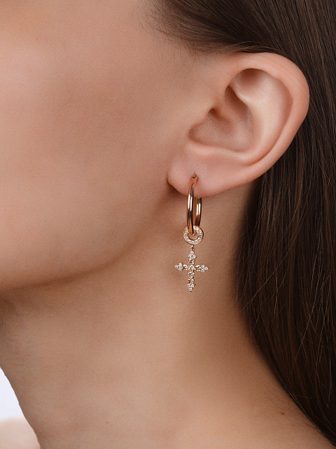 Хупсы из желтого с золота с подвесками-крестами с желтыми бриллиантами круглой огранки, 2 Хупсы из желтого с золота с подвесками-крестами с желтыми бриллиантами круглой огранки, 2