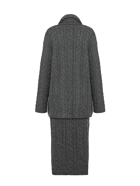 Серый вязаный комплект из кардигана и юбки-миди, 2