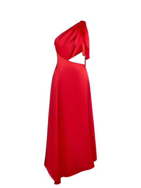 Красное платье-миди из шелка на одно плечо, 1