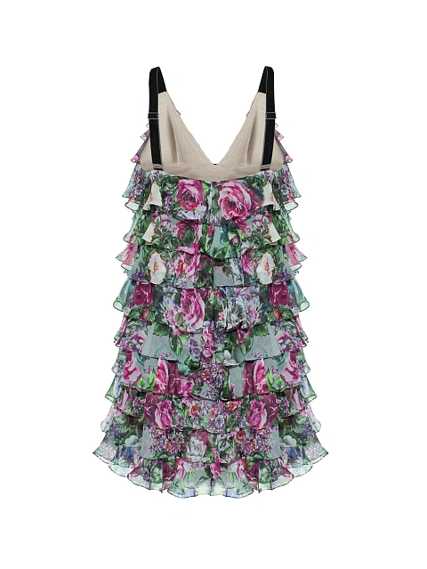 Зеленое платье-мини из шифона с цветочным принтом и воланами, 2 Зеленое платье-мини из шифона с цветочным принтом и воланами, 2