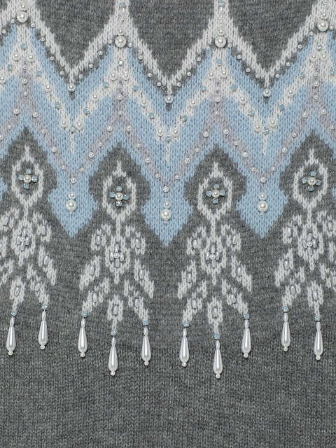 Серый кашемировый свитер с узором и жемчугом, 3