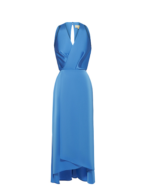 Синее атласное платье-миди на запах, 1 Синее атласное платье-миди на запах, 1