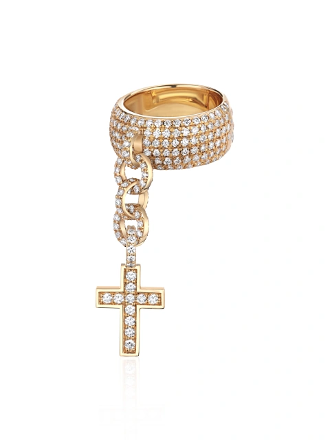 Кольцо из желтого золота с подвеской-крестом и бриллиантами, 1