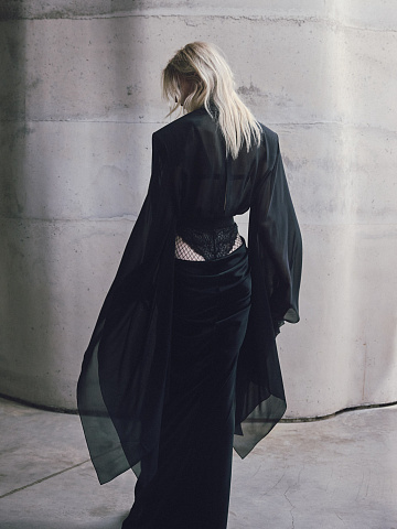 Черная блуза-боди из шифона с кружевом, 2