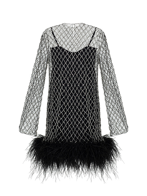 Черное платье-мини с боа и кристаллами, 2