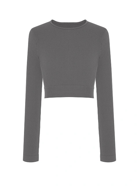 Серый спортивный лонгслив из трикотажа в рубчик, 1