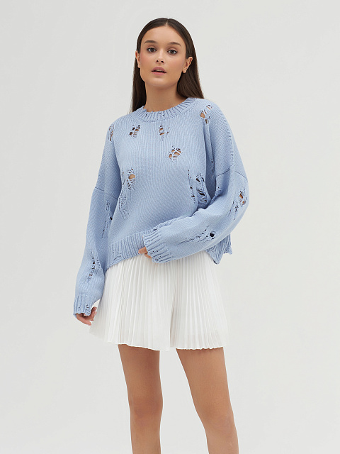 Голубой укороченный свитер из хлопка с дырками, 2