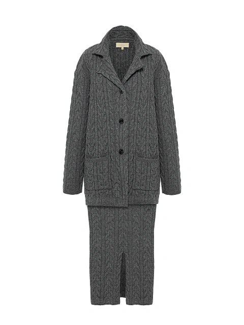 Серый вязаный комплект из кардигана и юбки-миди, 1