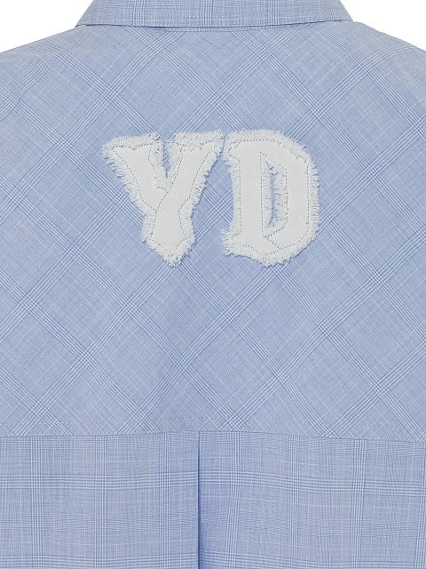 Голубая рубашка из хлопка в клетку с отделкой из белого денима, 5