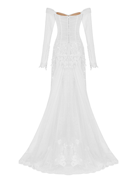 Белое корсетное платье из кружева со шлейфом, 2