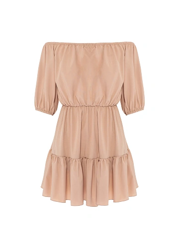 Пудровое платье-мини с открытыми плечами, 1
