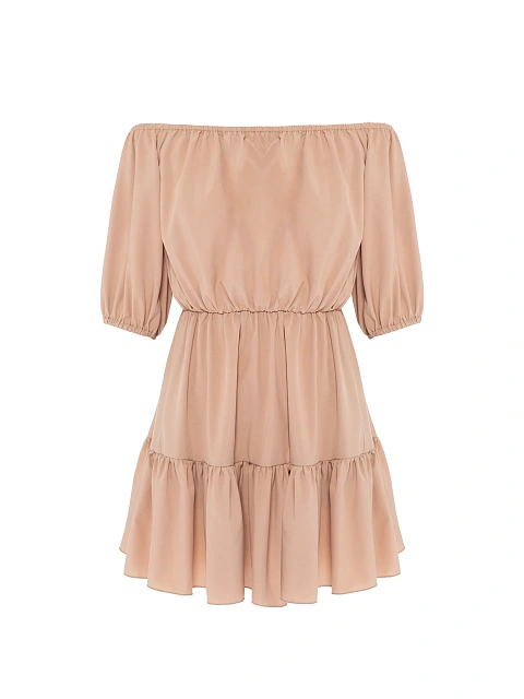 Пудровое платье-мини с открытыми плечами, 1