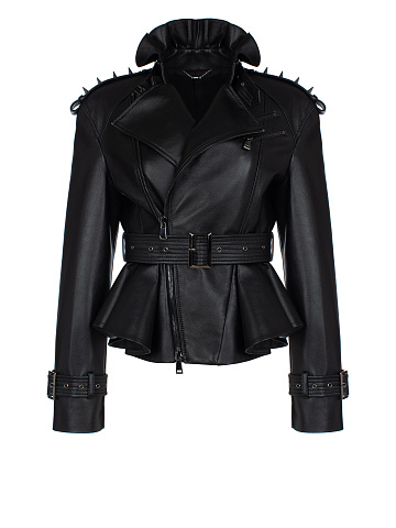 Черная кожаная косуха с шипами и баской, 1