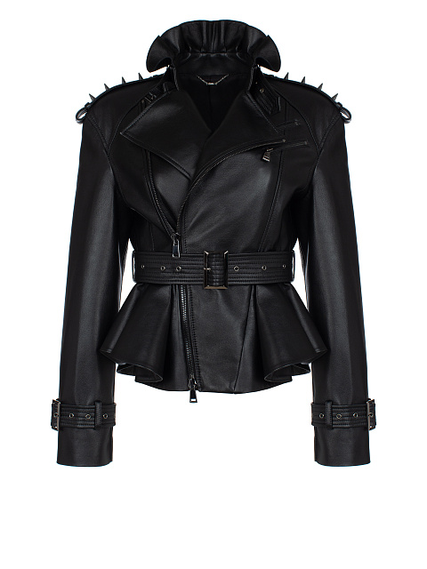 Черная кожаная косуха с шипами и баской, 1
