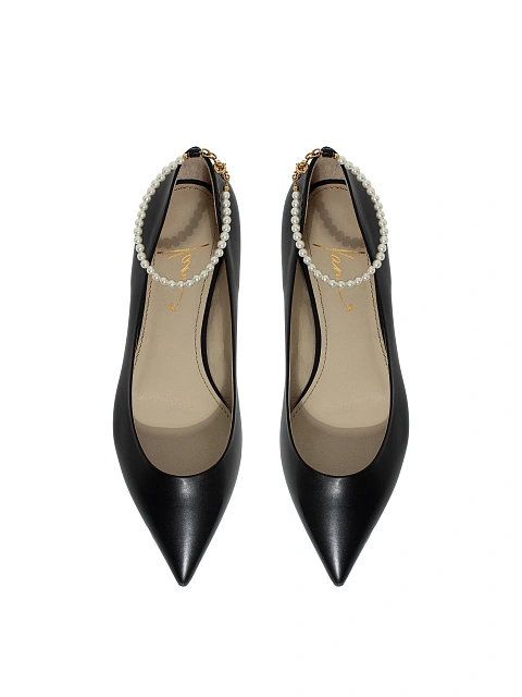Черные балетки из кожи с острым мысом и жемчугом, 4