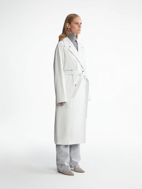 Белый двубортный тренч из кожи, 2