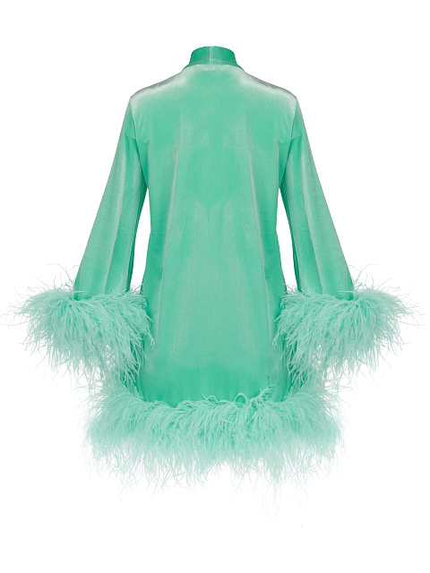 Мятное бархатное платье-мини с перьями, 2