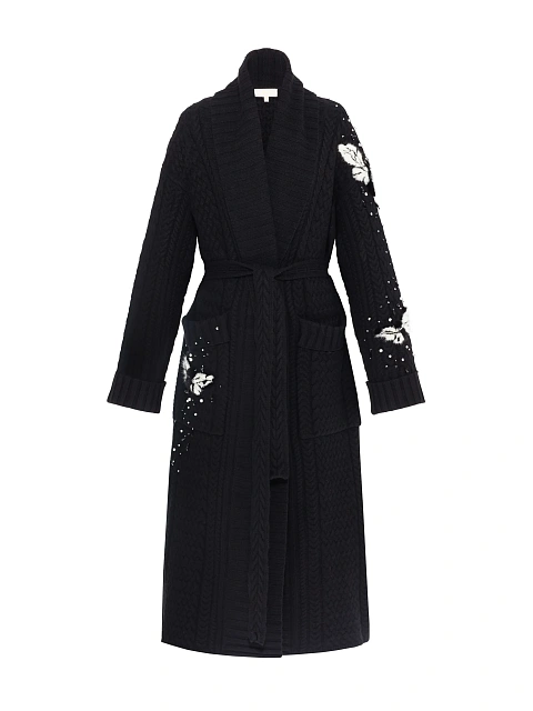 Черное вязаное пальто из кашемира с декором из меха норки, 1